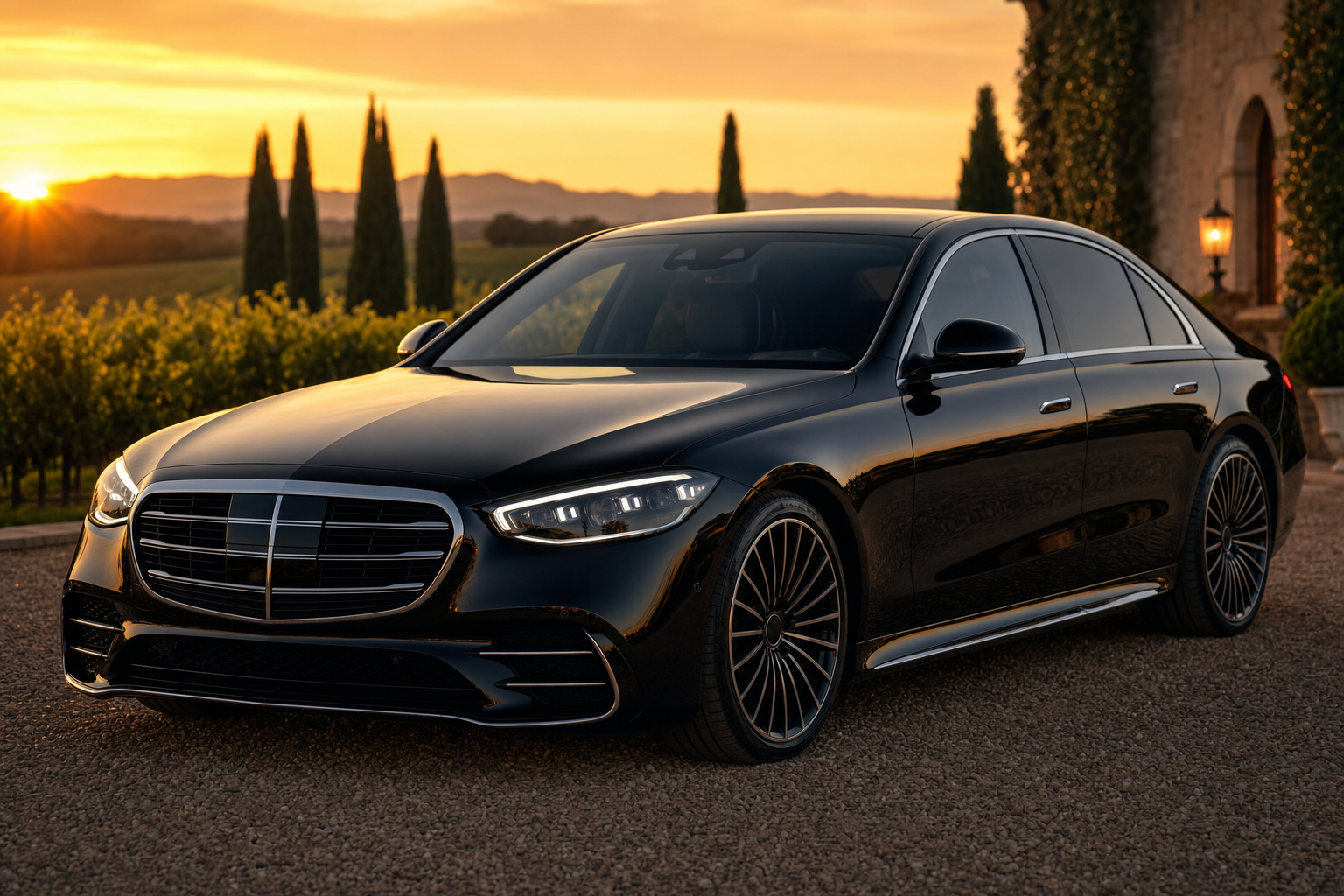 Black Mercedes-Benz S-Class sedan at golden hour in Napa Valley