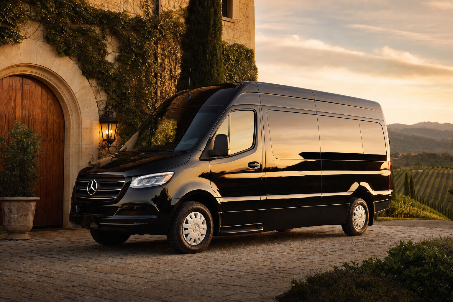 Black Mercedes-Benz Sprinter passenger van at Napa Valley winery entrance